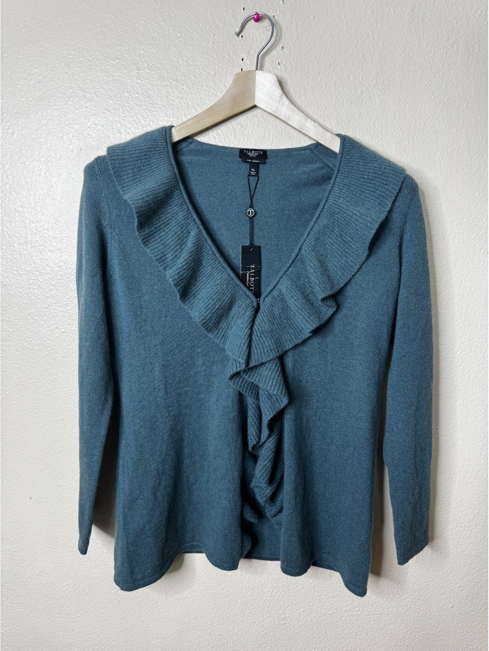Talbots Petite 100% Pure Cashmere Ruffle Cardigan Teal Blue Medium Petite NWT